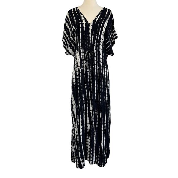 RUNAWAY CHILD Black White Tie Dye Kaftan Beach Coverup Maxi Dress Hand Made OS - Picture 3 of 15